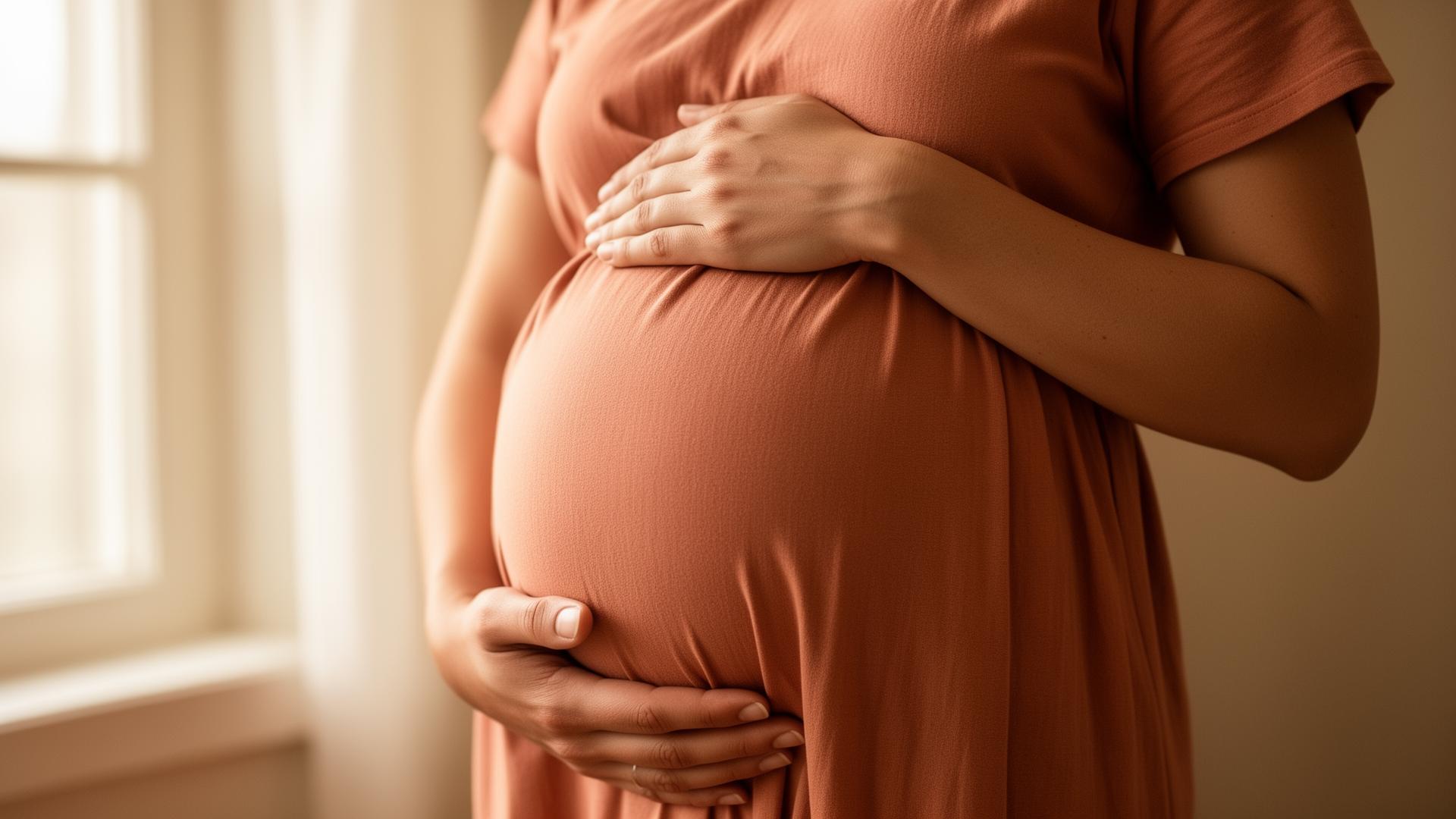 Mãos de uma gestante acolhendo a barriga em luz suave